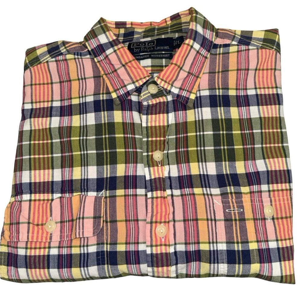Vintage Polo By Ralph Lauren Dungaree Work shirt Plaid Long Sleeve Cotton, Sz L